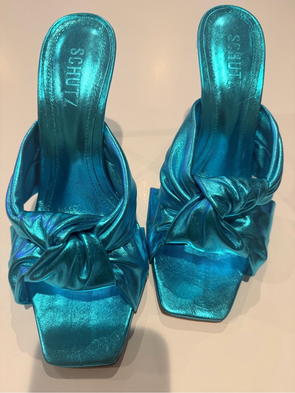 SCHUTZ Metallic Teal Knot Slip-On Heels - Picture 3 of 10
